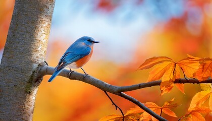 vibrant bird perched on tree branch amidst warmly toned background with orange leaves and softly focused blur creating a serene natural scene