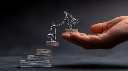 A large realistic fair-skinned human hand holding a dark grey chalkboard with white chalk drawing of two businessmen, one helping the other climb career steps, symbolizing mentorship and support in pr