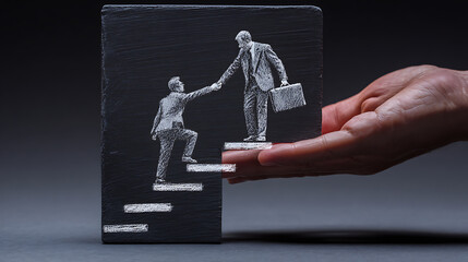 A large realistic fair-skinned human hand holding a dark grey chalkboard with white chalk drawing of two businessmen, one helping the other climb career steps, symbolizing mentorship and support in pr