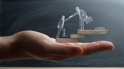 A large realistic fair-skinned human hand holding a dark grey chalkboard with white chalk drawing of two businessmen, one helping the other climb career steps, symbolizing mentorship and support in pr