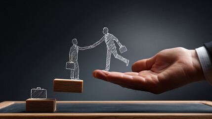 A large realistic fair-skinned human hand holding a dark grey chalkboard with white chalk drawing of two businessmen, one helping the other climb career steps, symbolizing mentorship and support in pr
