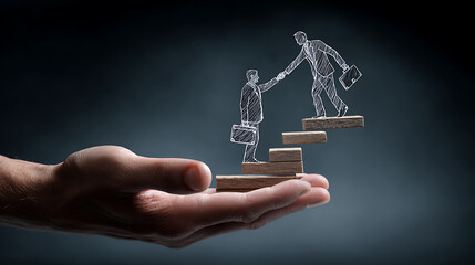A large realistic fair-skinned human hand holding a dark grey chalkboard with white chalk drawing of two businessmen, one helping the other climb career steps, symbolizing mentorship and support in pr