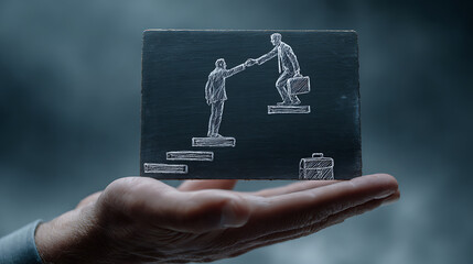 A large realistic fair-skinned human hand holding a dark grey chalkboard with white chalk drawing of two businessmen, one helping the other climb career steps, symbolizing mentorship and support in pr