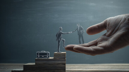 A large realistic fair-skinned human hand holding a dark grey chalkboard with white chalk drawing of two businessmen, one helping the other climb career steps, symbolizing mentorship and support in pr