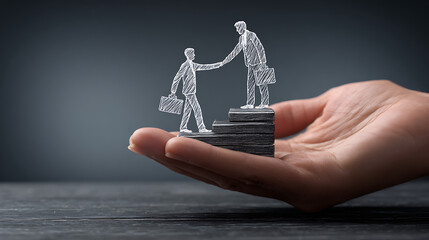 A large realistic fair-skinned human hand holding a dark grey chalkboard with white chalk drawing of two businessmen, one helping the other climb career steps, symbolizing mentorship and support in pr