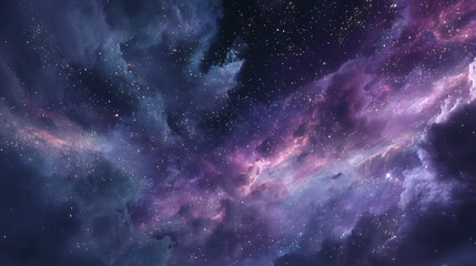 Breathtaking cinematic scene of vast starry night sky with swirling nebulae and distant galaxies illuminated by ethereal purple blue silver hues, creating mystical calming visual loop, ultra-detailed 