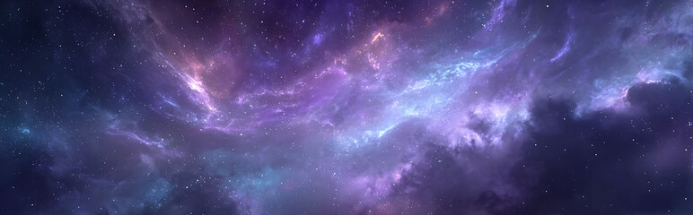 Breathtaking cinematic scene of vast starry night sky with swirling nebulae and distant galaxies illuminated by ethereal purple blue silver hues, creating mystical calming visual loop, ultra-detailed 