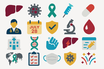 World Hepatitis Day Medical Icons Set for Health Awareness