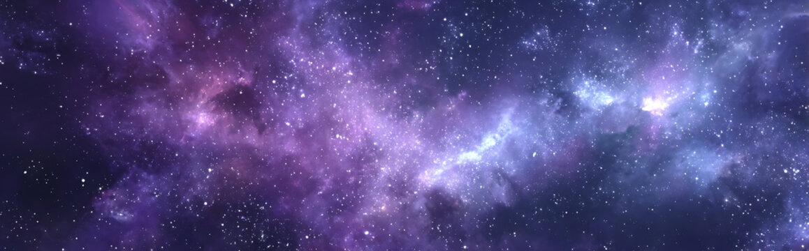 Breathtaking cinematic scene of vast starry night sky with swirling nebulae and distant galaxies illuminated by ethereal purple blue silver hues, creating mystical calming visual loop, ultra-detailed 