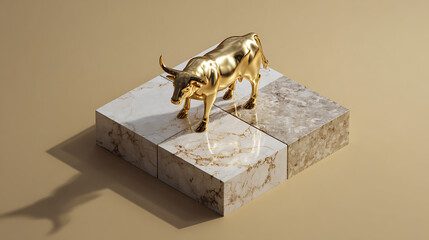 3D isometric golden calf statue standing on stone platform with solid background, shiny metallic animal sculpture in modern minimalist style, worship symbol.