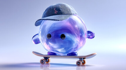 Abstract 3D virtual assistant character with crystal clear texture, round small eyes, and luminous blue-purple-black gradient wearing a baseball cap and holding a skateboard on white background. Techn