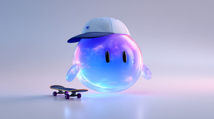 Abstract 3D virtual assistant character with crystal clear texture, round small eyes, and luminous blue-purple-black gradient wearing a baseball cap and holding a skateboard on white background. Techn