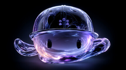 Abstract 3D virtual assistant character with crystal clear texture, round small eyes, and luminous blue-purple-black gradient wearing a baseball cap and holding a skateboard on white background. Techn