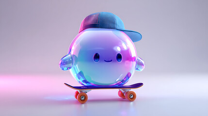 Abstract 3D virtual assistant character with crystal clear texture, round small eyes, and luminous blue-purple-black gradient wearing a baseball cap and holding a skateboard on white background. Techn