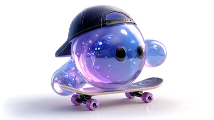 Abstract 3D virtual assistant character with crystal clear texture, round small eyes, and luminous blue-purple-black gradient wearing a baseball cap and holding a skateboard on white background. Techn