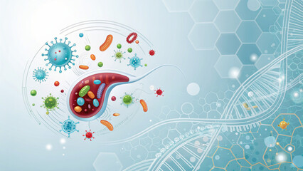 Microscopic View of Microbes, Viruses, and DNA Strands in Cutting-Edge Biomedical Illustration