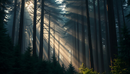 Obraz premium Dense evergreen forest with golden sunbeams shining through morning mist. Natural symmetry and magical fairytale atmosphere ideal for nature, fantasy, and serene landscape themes.
