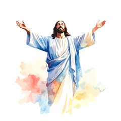 Risen Jesus Christ with open arms, a watercolor illustration with abstract color splashes.