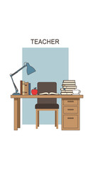 Illustration of a teacher's wooden desk with a lamp, stacks of books, an open textbook, and a red apple, representing education and learning.