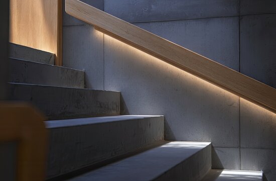 Modern concrete stairs with wooden handrail