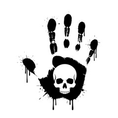 Vector illustration of a gritty black handprint with a dripping effect resembling blood or thick liquid, and a skull in the middle.