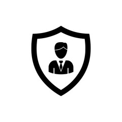 A protective shield vector icon with a silhouette of a man in a suit and tie inside, symbolizing security, protection, privacy, or assurance.