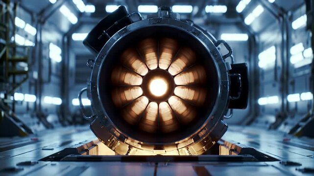 A Powerful Rocket Engine Ignites in a Clean, High-Tech Bay, Ready for a Major Launch
