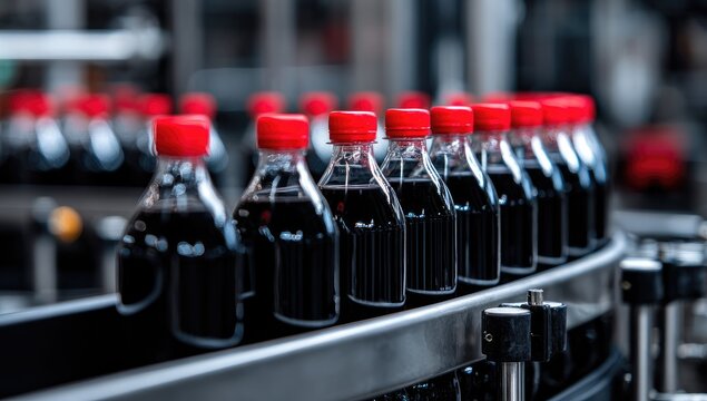 Dark soda bottles on a conveyor belt in a factory
