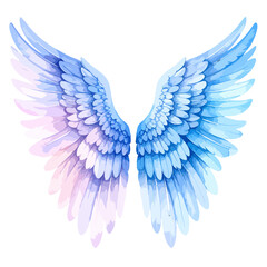 Obraz premium Symmetrical pair of ethereal angel wings with a soft blue and pink watercolor gradient.