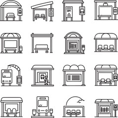 Bus stop icon pack with detailed outlines, clean and transparent backgrounds. Generative AI