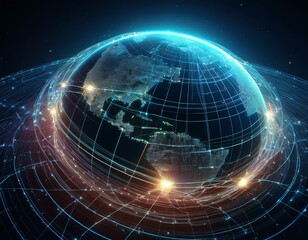 Obraz premium digital grid overlay on spinning planet with active lines of lights representing global communication and data exchange