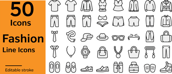 Fifty fashion line icons with editable stroke on orange background clothing apparel