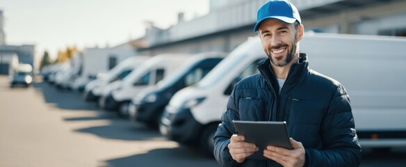 The smiling delivery professional holding a tablet outside a fleet of vans.