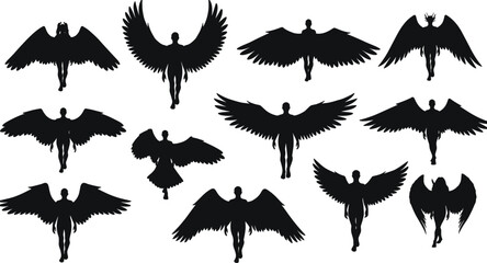 Angel silhouette vector set with wings, flying celestial beings, black angelic figure clipart, fantasy characters, gothic divine icons