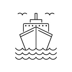 Simple black line art of a ship sailing on waves with birds overhead on a white background boat