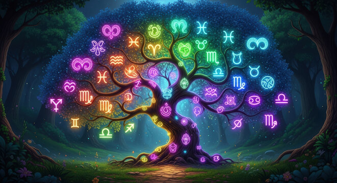 A magical tree adorned with glowing rainbow zodiac signs in a mystical forest at twilight hour