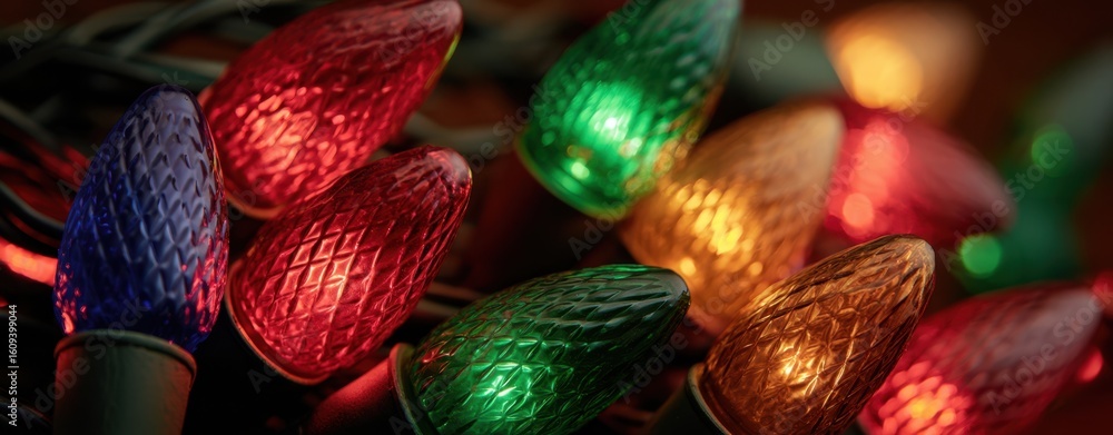 Aufkleber the vibrant colors of illuminated holiday string lights in close-up view.