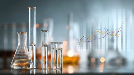 Laboratory glassware with liquids and a digital graph overlay representing data analysis in a scientific or research setting.