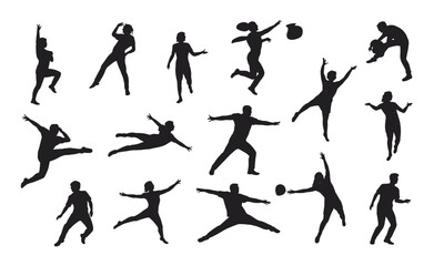 Vector illustration of active silhouettes in motion, jumping, running, stretching, ball play, energetic sports poses, minimalist design concept