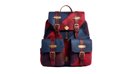 A colorful patchwork leather backpack with multiple compartments and buckles