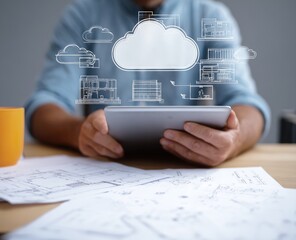 Man using tablet with cloud computing design overlay on blueprints