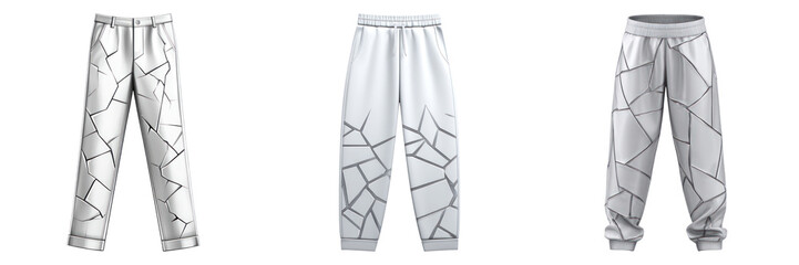 Shattered glass print pants in white with edgy cracked pattern design, casual and stylish for modern fashion wear