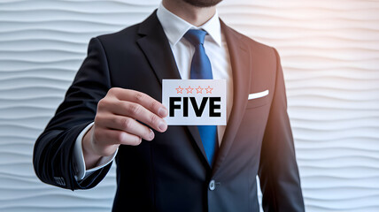 Businessman Holding a Card Showing Five Stars and "FIVE"