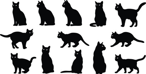 Black cat silhouettes collection, sitting and walking poses, feline clipart bundle, pet vector illustration, Halloween decor, spooky animal graphic