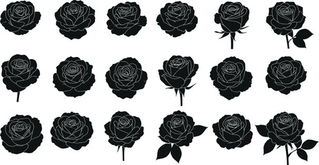 Black rose silhouettes, floral vector clipart, rose flower icons, botanical rose images, elegant flower illustrations, black floral outlines