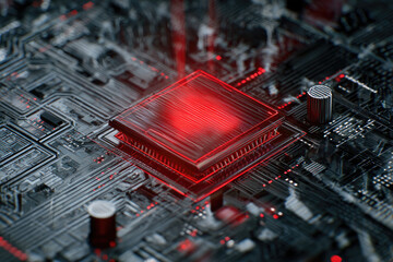 High-tech CPU with glowing red symbol