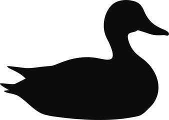 A solid black silhouette of a duck with webbed feet, standing in profile on a white background.