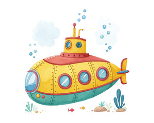 watercolor A Submarine vector illustration isolated on white background