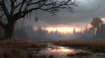 Mystical Autumn Sunset Landscape Foggy Swamp Old Tree Pentagram and Flying Birds