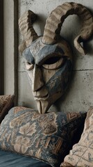 Ancient Tribal Wooden Mask with Horns Home Decor on Pillows